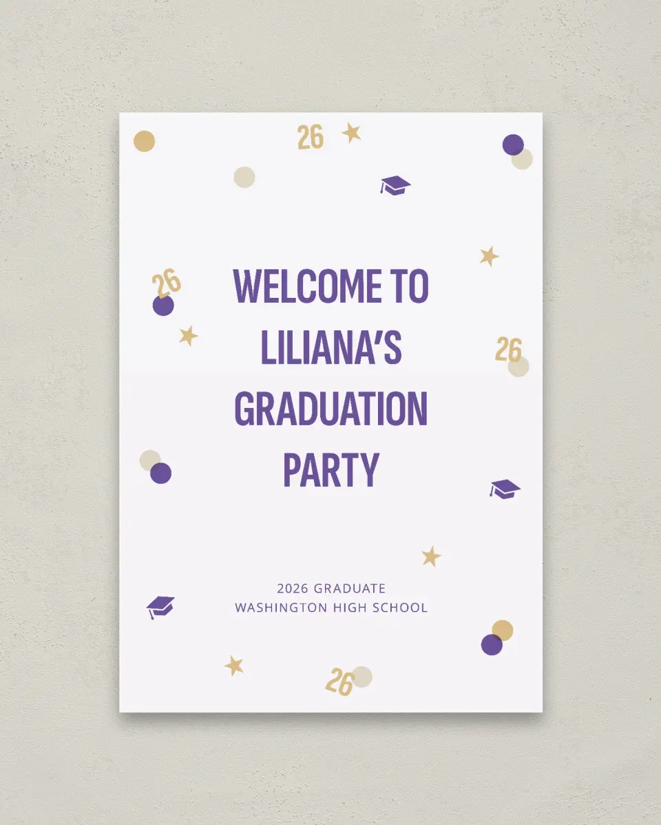 This is a 20" x 28" Welcome Grad Sign called Confetti Toss printed in full color with Gold foil