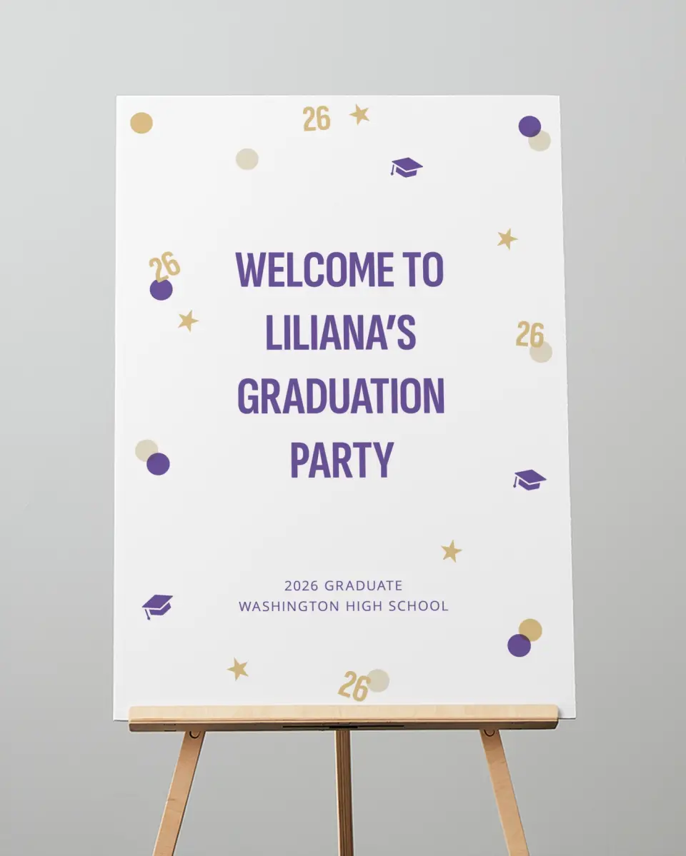 This is a 20" x 28" Welcome Grad Sign called Confetti Toss printed in full color with Gold foil