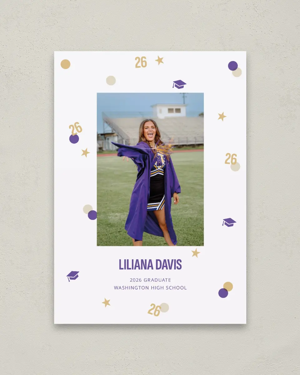 This is a 20" x 28" Welcome Grad Sign called Confetti Toss printed in full color with Gold foil