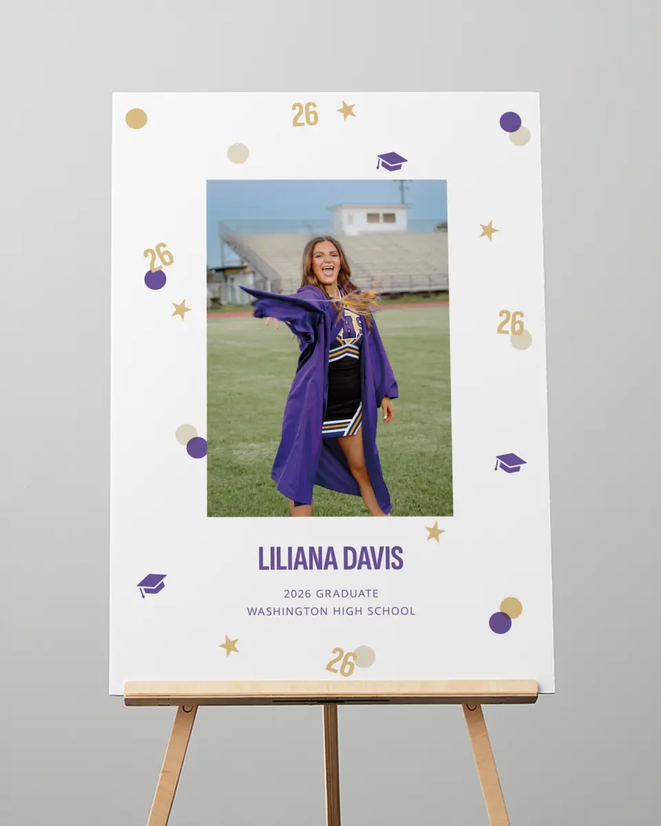 This is a 20" x 28" Welcome Grad Sign called Confetti Toss printed in full color with Gold foil