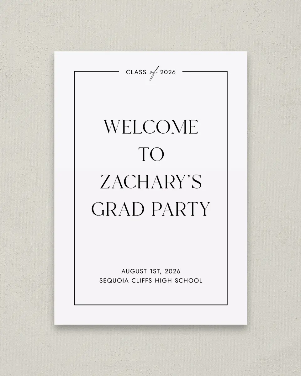 This is a 20" x 28" Welcome Grad Sign called Pure Frame printed in full color