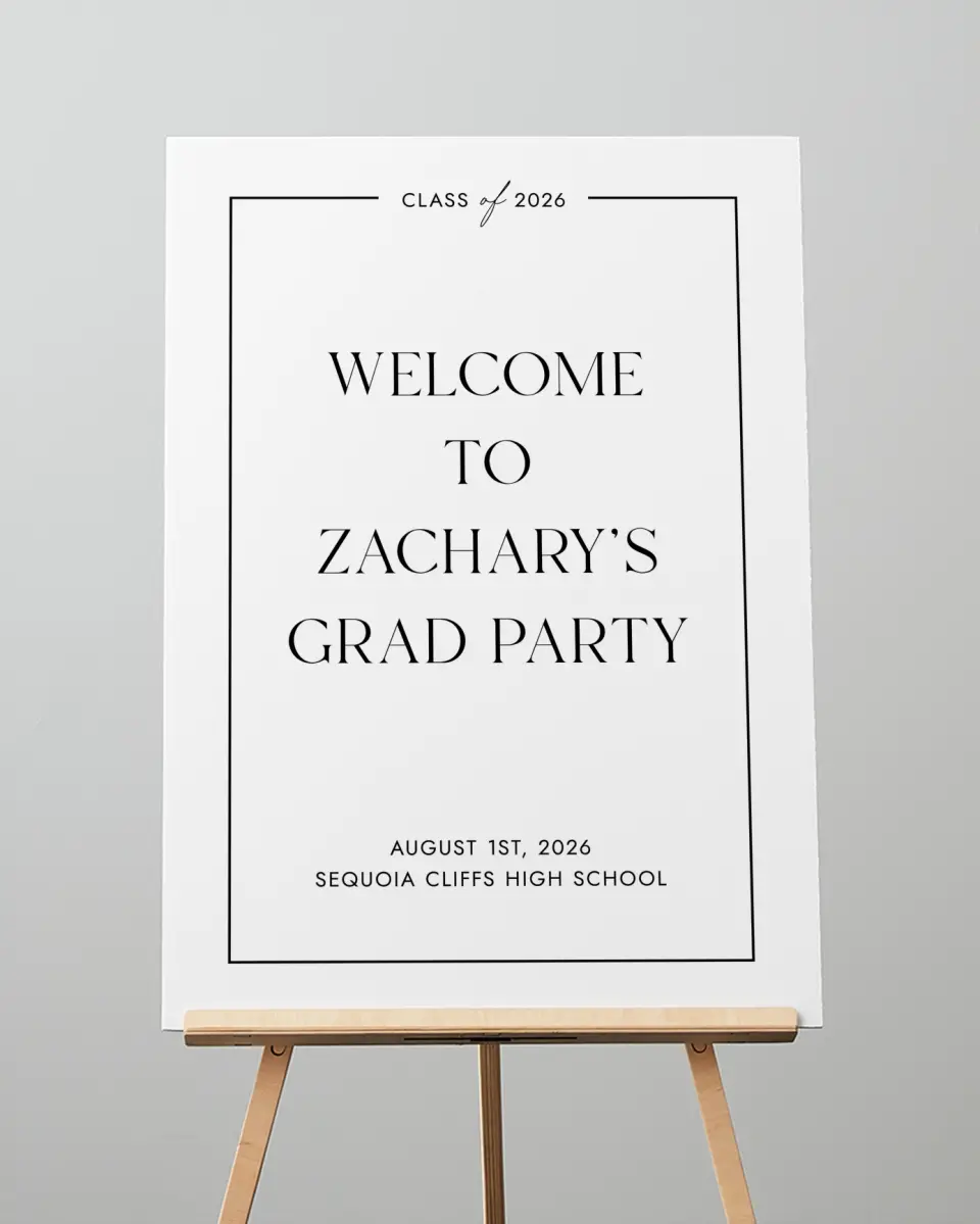 This is a 20" x 28" Welcome Grad Sign called Pure Frame printed in full color