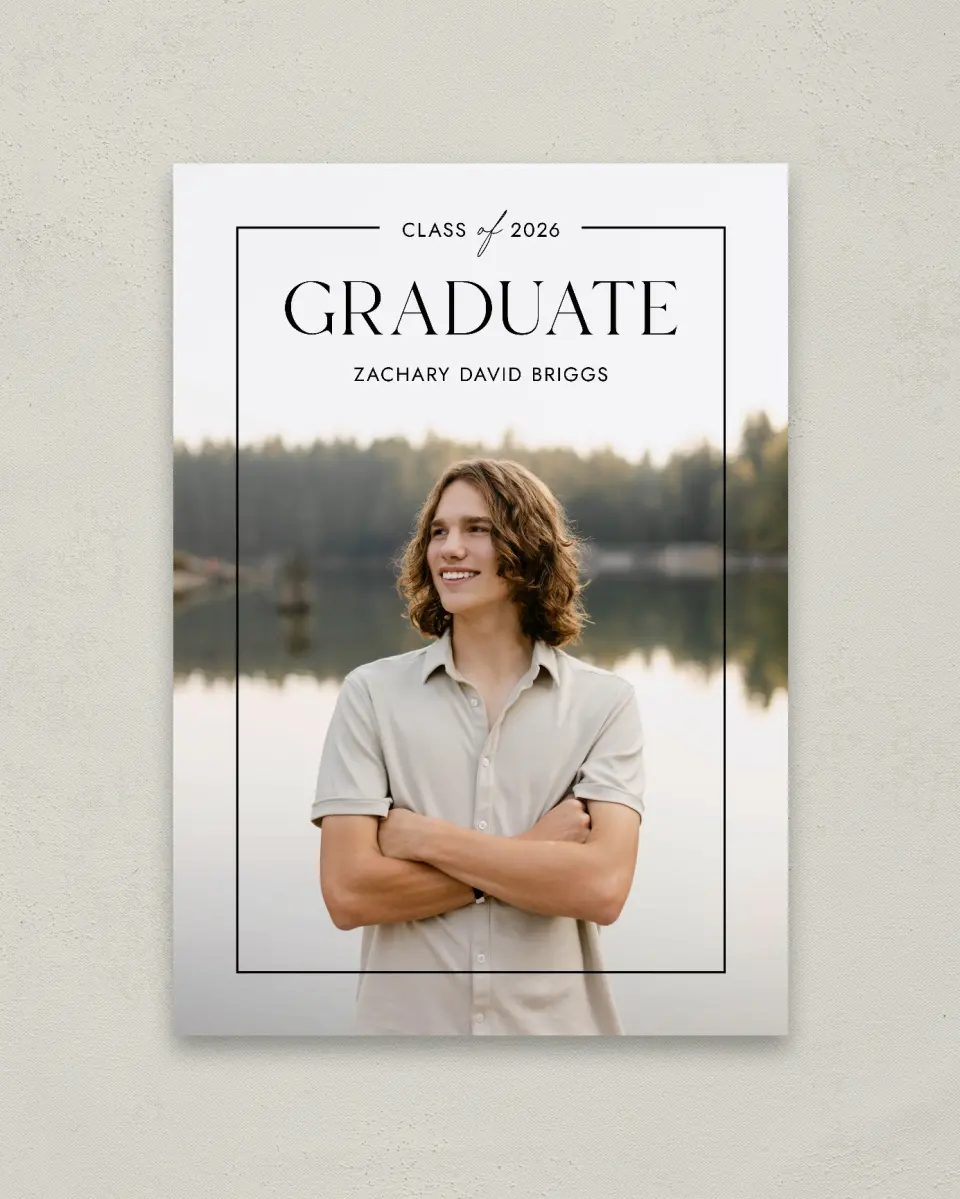 This is a 20" x 28" Welcome Grad Sign called Pure Frame printed in full color