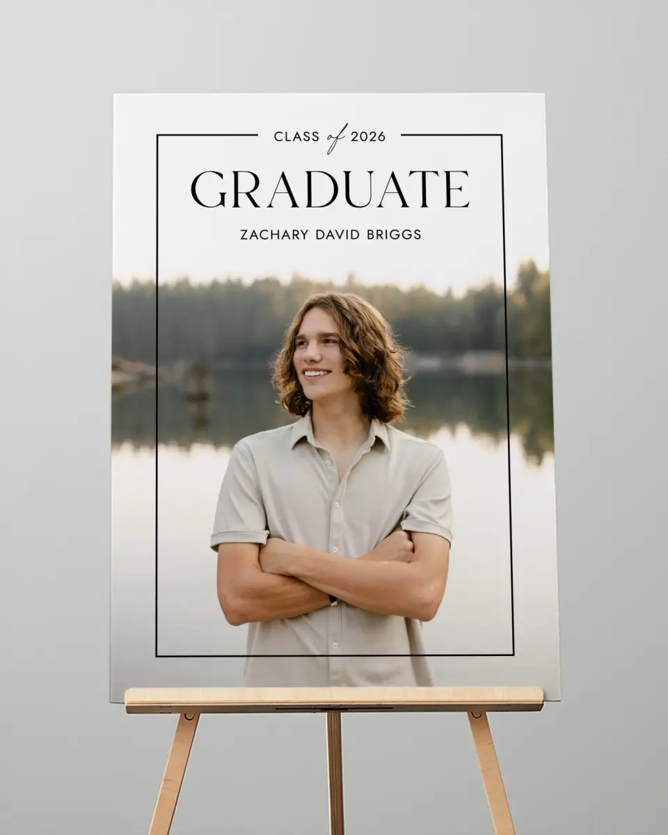 This is a 20" x 28" Welcome Grad Sign called Pure Frame printed in full color