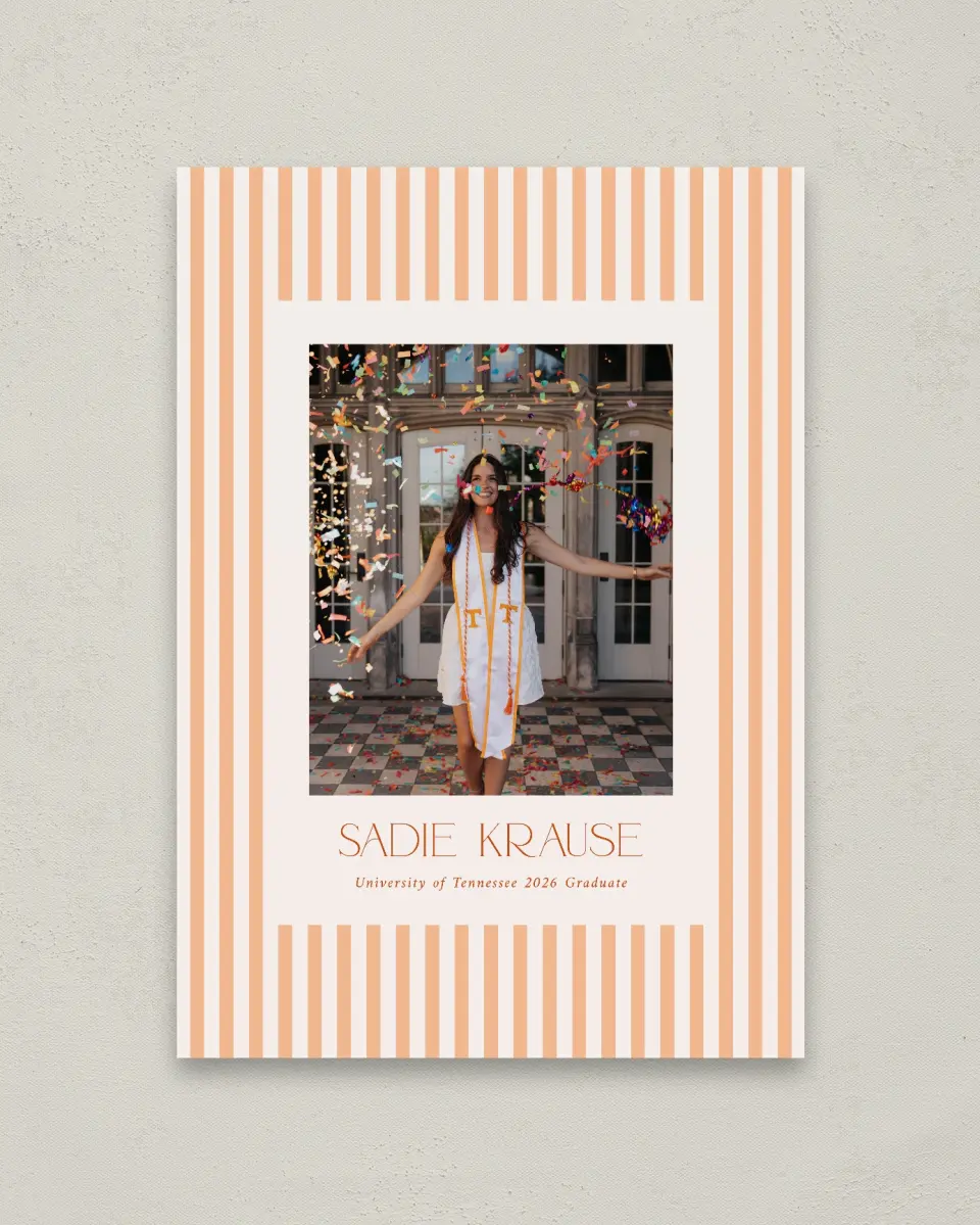This is a 20" x 28" Welcome Grad Sign called Senior Stripes printed in full color with Gold foil