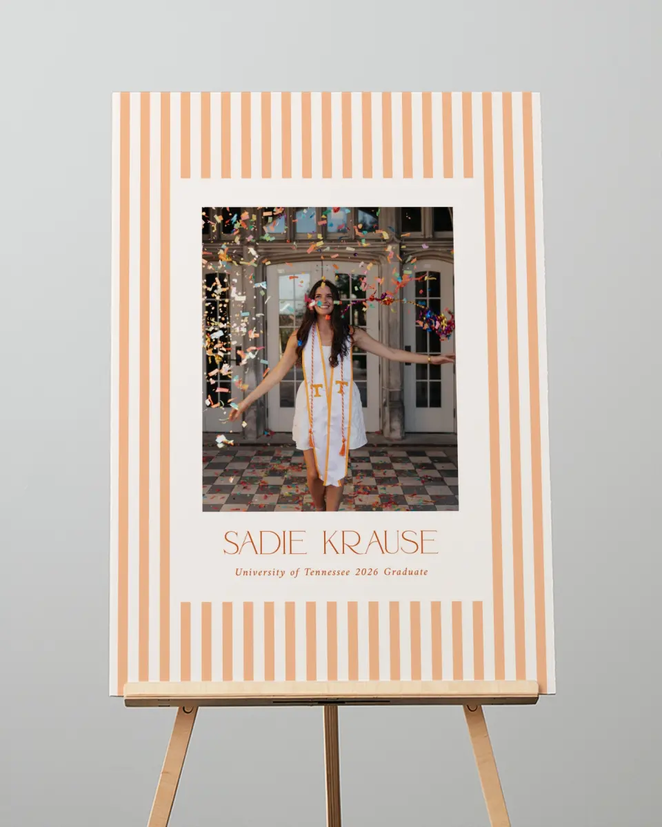 This is a 20" x 28" Welcome Grad Sign called Senior Stripes printed in full color with Gold foil