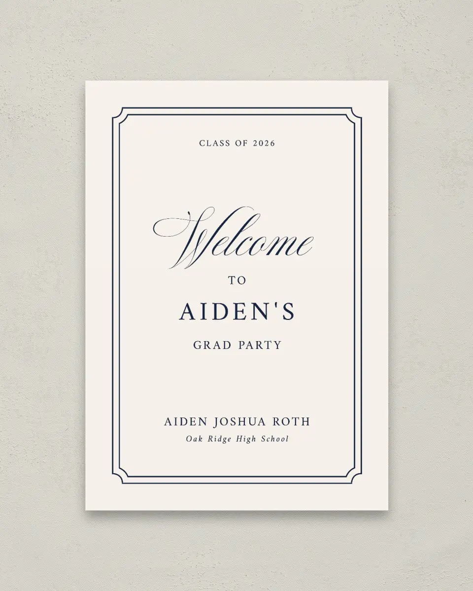 This is a 20" x 28" Welcome Grad Sign called Formal Frame printed in full color