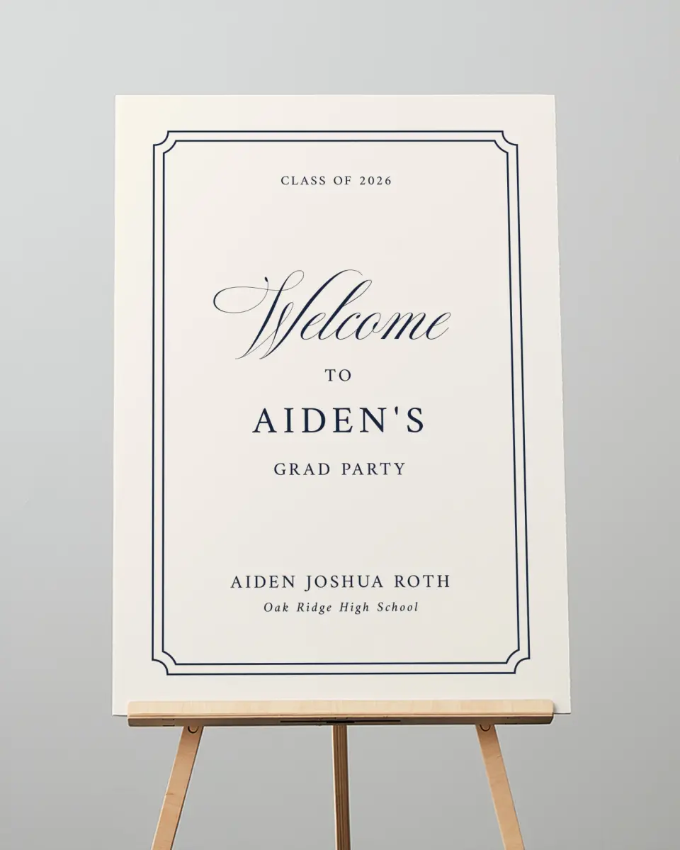 This is a 20" x 28" Welcome Grad Sign called Formal Frame printed in full color