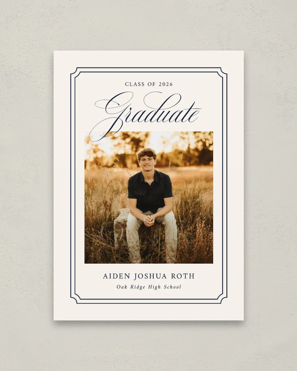 This is a 20" x 28" Welcome Grad Sign called Formal Frame printed in full color with Gold foil