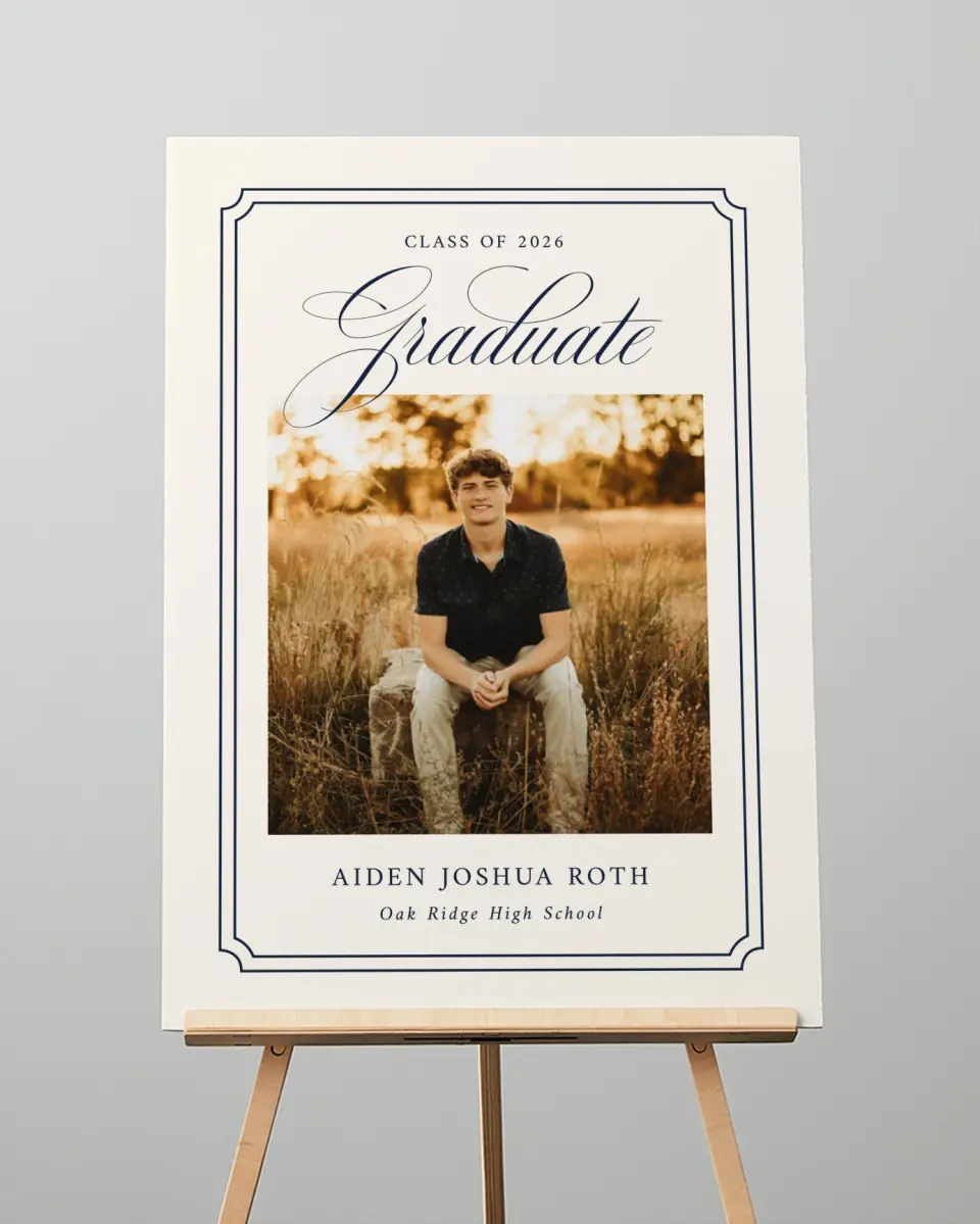 This is a 20" x 28" Welcome Grad Sign called Formal Frame printed in full color with Gold foil