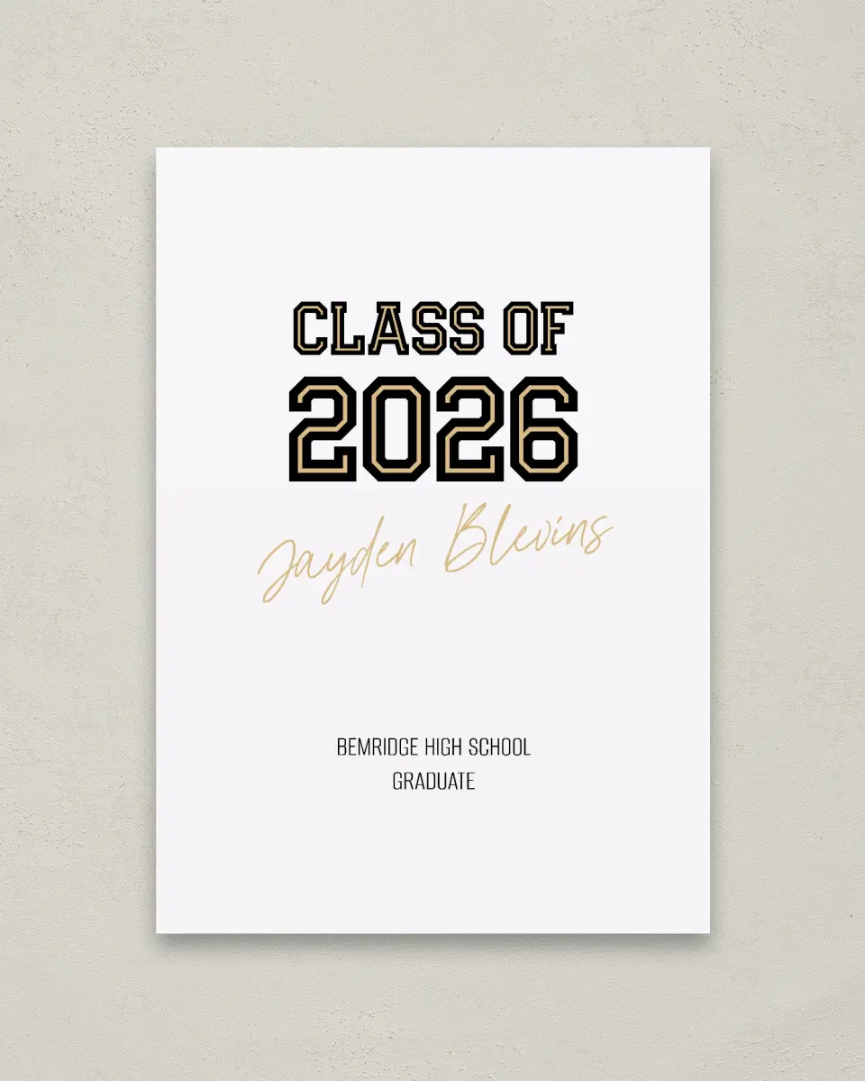 This is a 20" x 28" Welcome Grad Sign called Varsity Vibes printed in full color with Gold foil