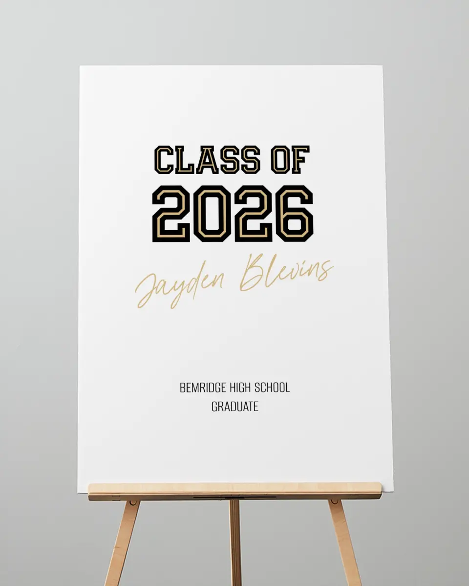 This is a 20" x 28" Welcome Grad Sign called Varsity Vibes printed in full color with Gold foil