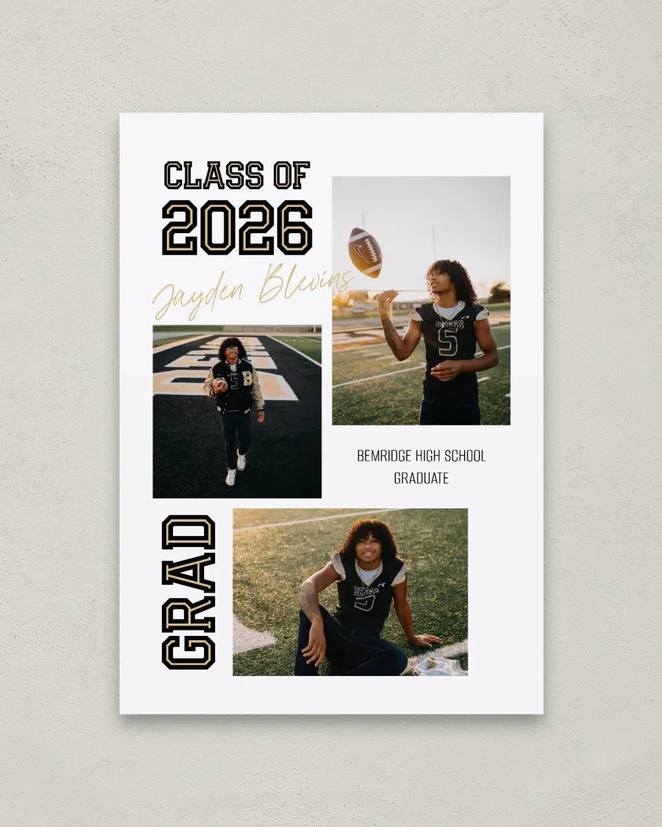 This is a 20" x 28" Welcome Grad Sign called Varsity Vibes printed in full color with Gold foil