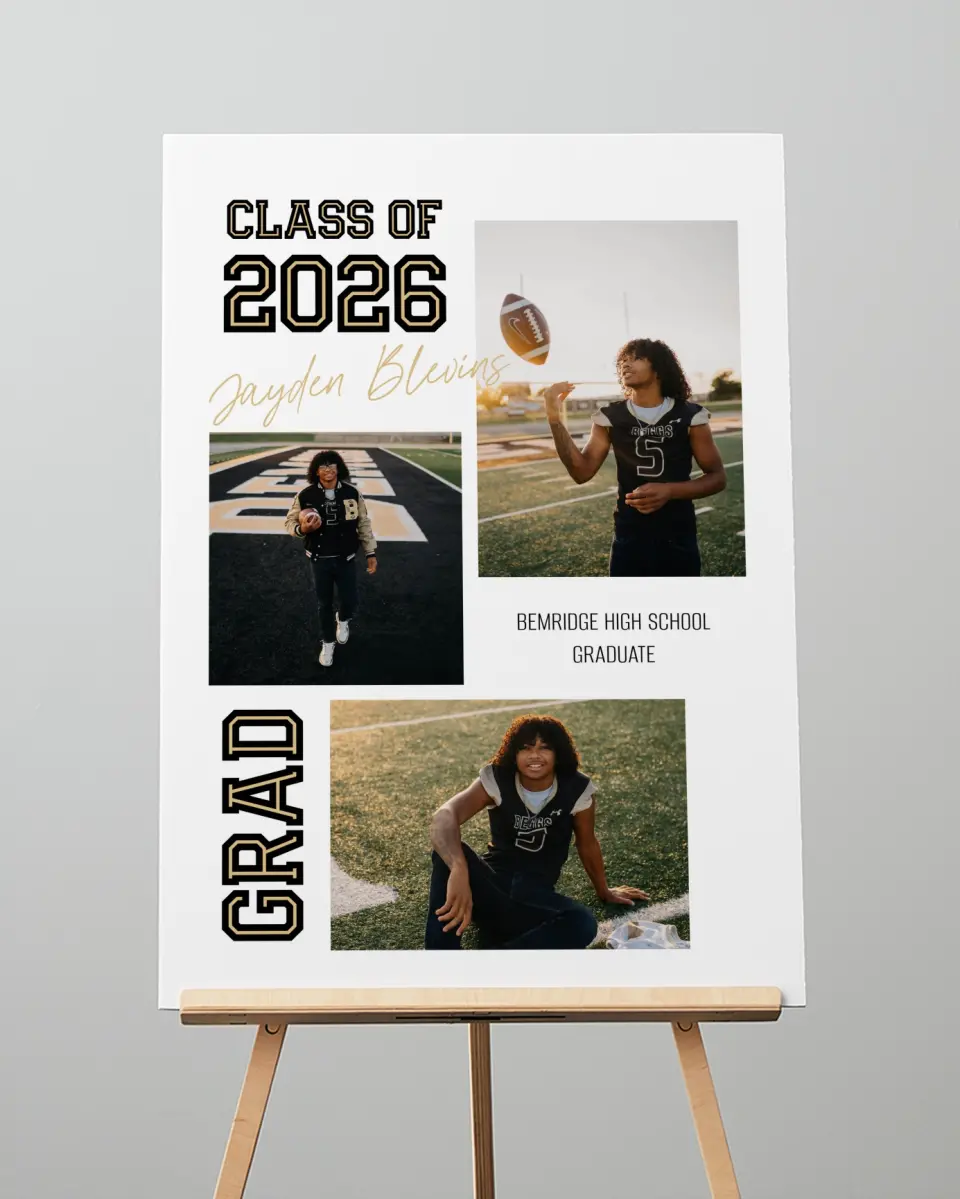 This is a 20" x 28" Welcome Grad Sign called Varsity Vibes printed in full color with Gold foil