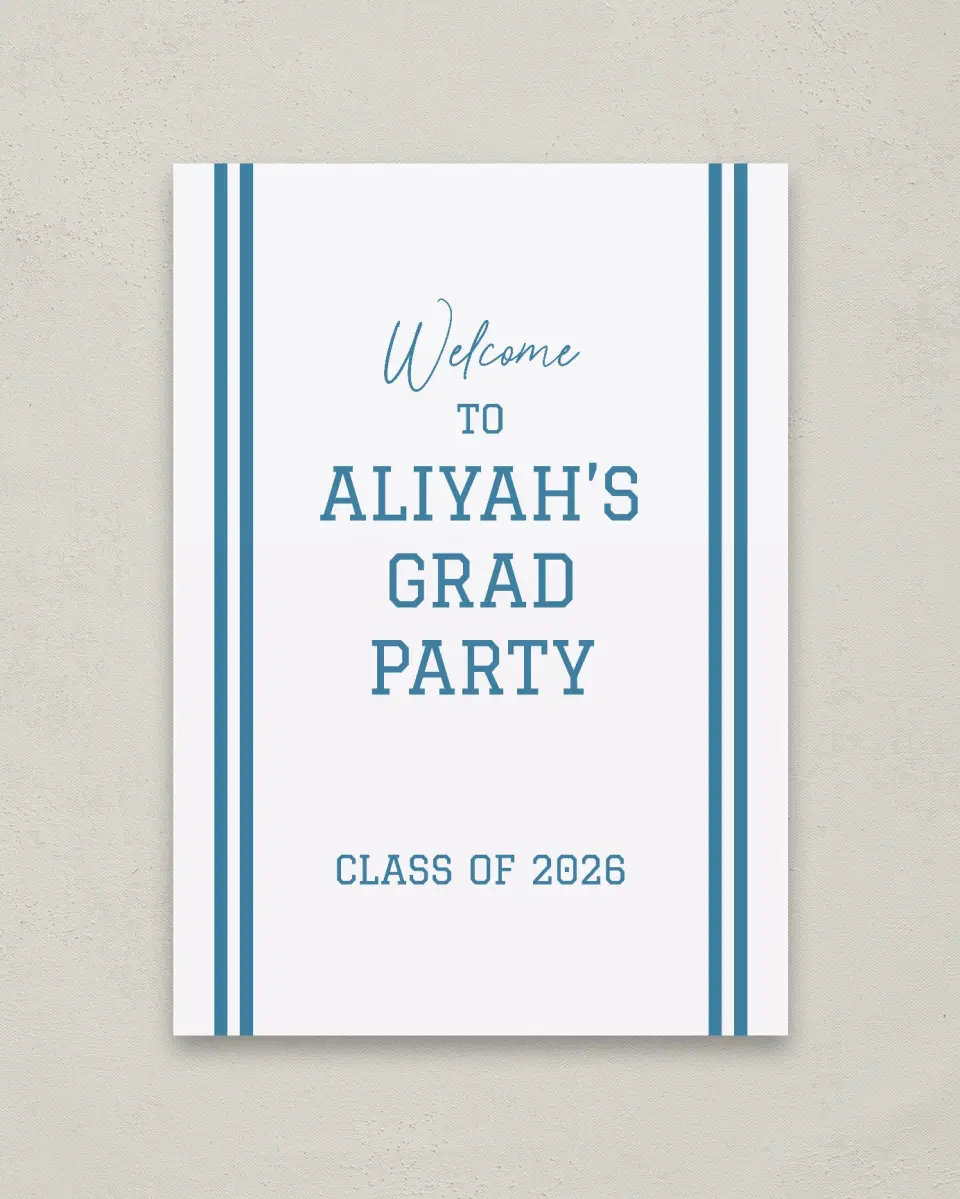 This is a 20" x 28" Welcome Grad Sign called Varsity Stripes printed in full color
