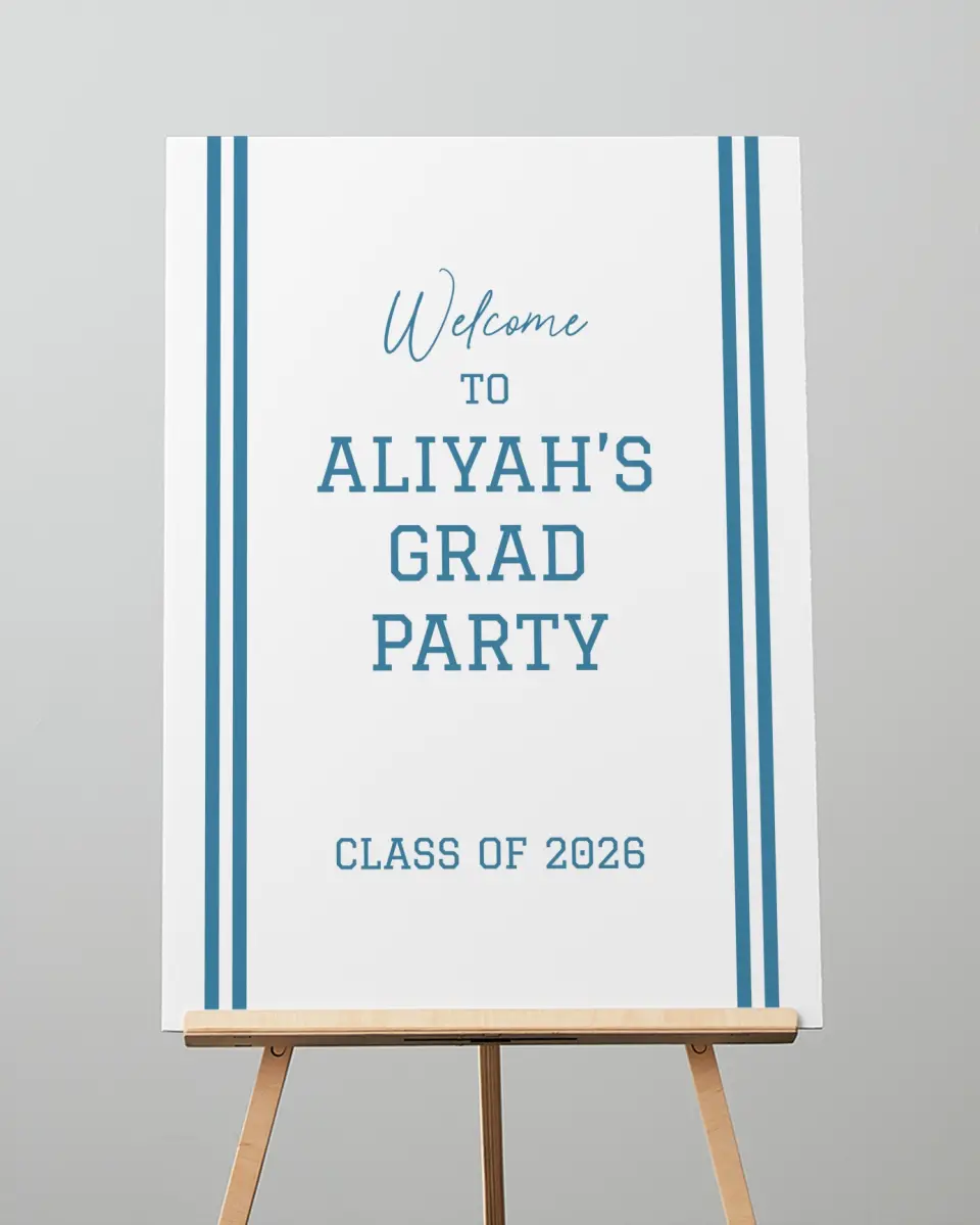 This is a 20" x 28" Welcome Grad Sign called Varsity Stripes printed in full color