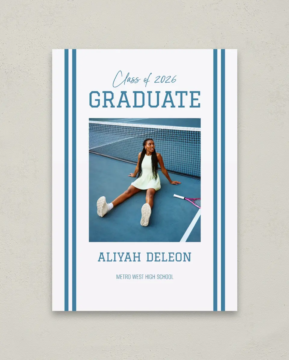 This is a 20" x 28" Welcome Grad Sign called Varsity Stripes printed in full color with Gold foil