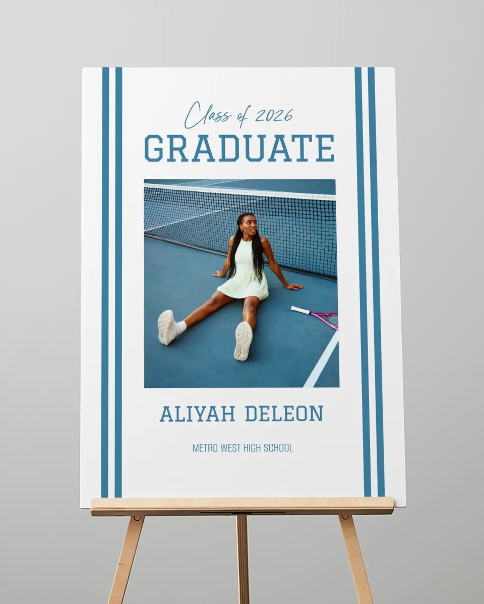 This is a 20" x 28" Welcome Grad Sign called Varsity Stripes printed in full color with Gold foil