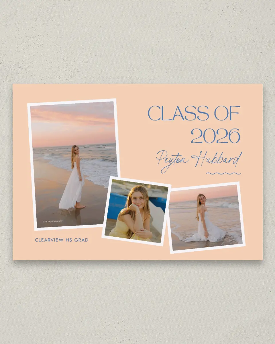 This is a 20" x 28" Welcome Grad Sign called Modern Montage printed in full color with Gold foil