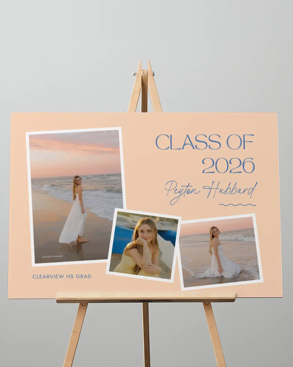 This is a 20" x 28" Welcome Grad Sign called Modern Montage printed in full color with Gold foil