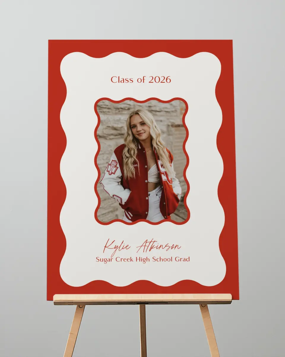 This is a 20" x 28" Welcome Grad Sign called Unwavering Spirit printed in full color with Gold foil