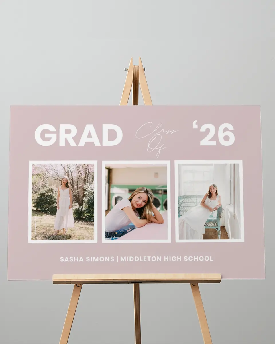 This is a 20" x 28" Welcome Grad Sign called Caps Off to You printed in full color with Gold foil