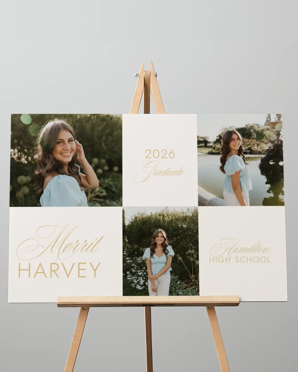 This is a 20" x 28" Welcome Grad Sign called Stay Golden printed in full color