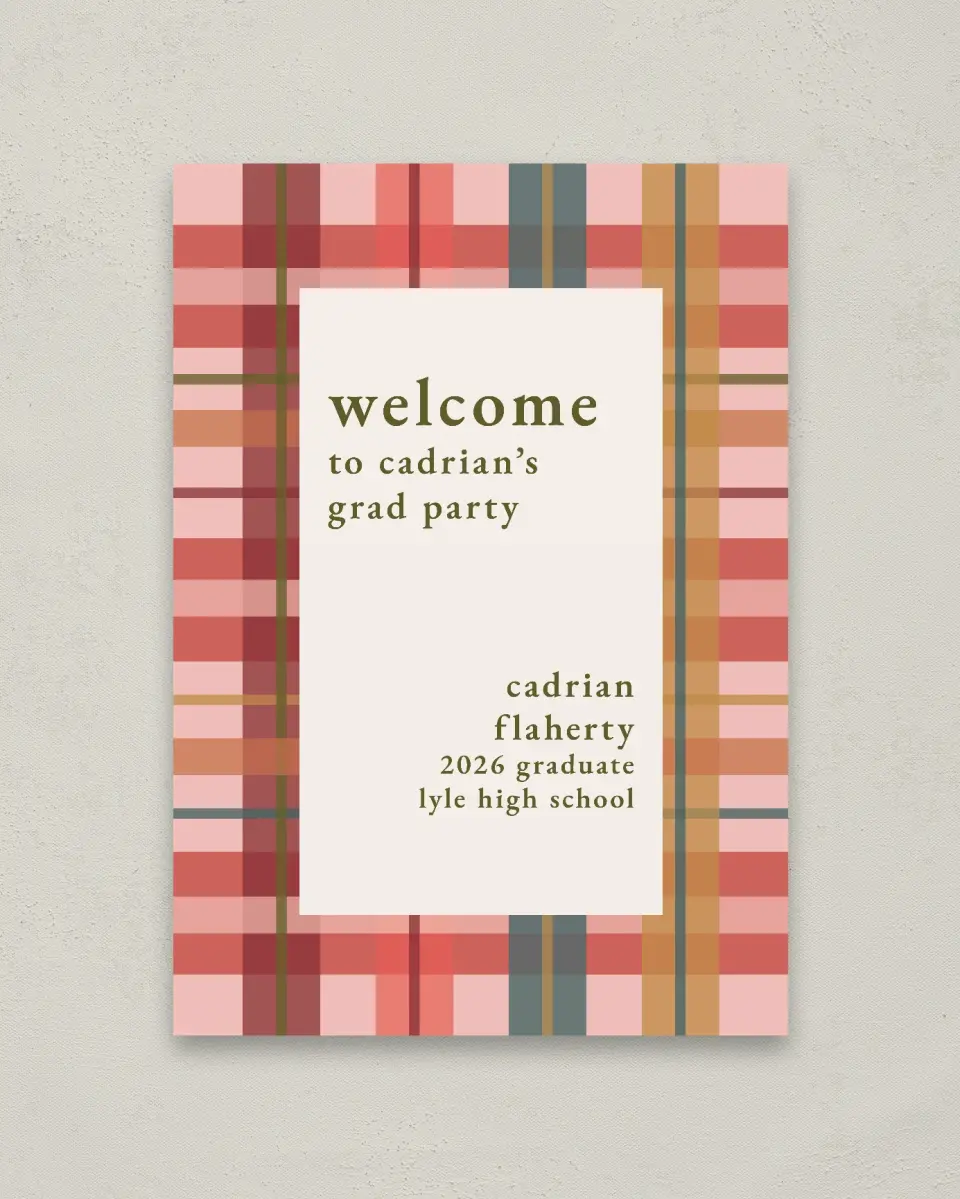 This is a 20" x 28" Welcome Grad Sign called Plaid Praise printed in full color