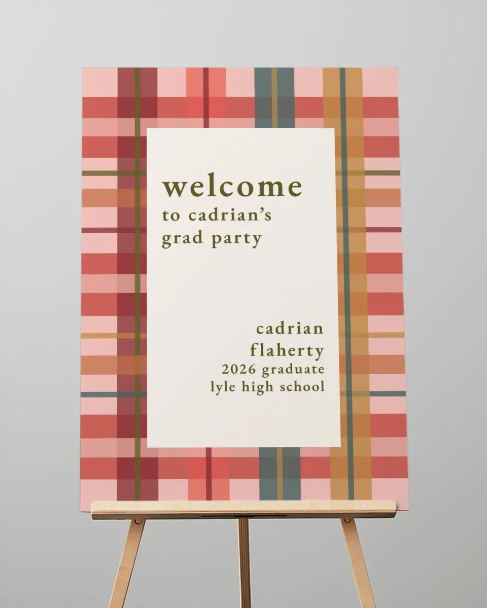 This is a 20" x 28" Welcome Grad Sign called Plaid Praise printed in full color
