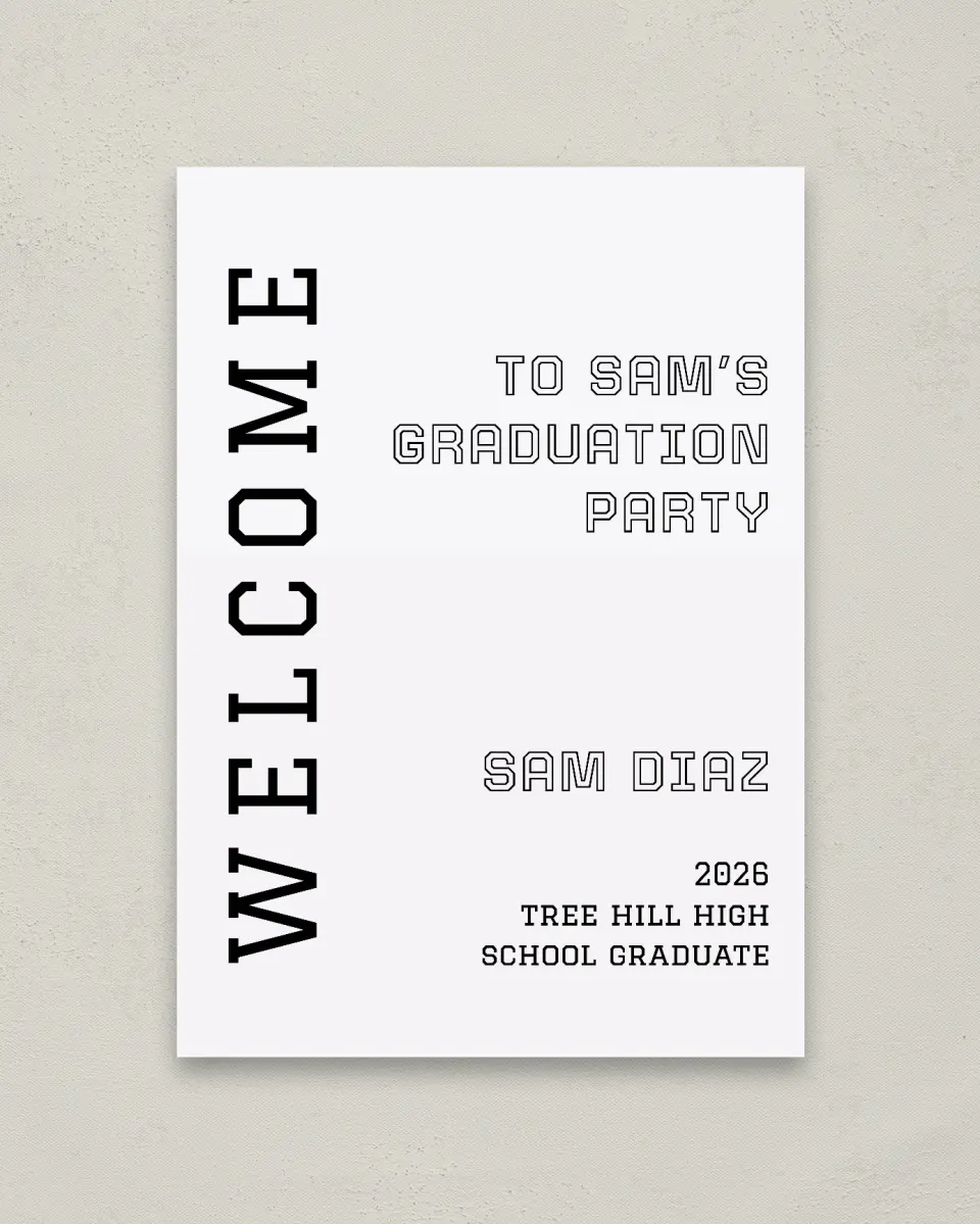 This is a 20" x 28" Welcome Grad Sign called Last Run printed in full color