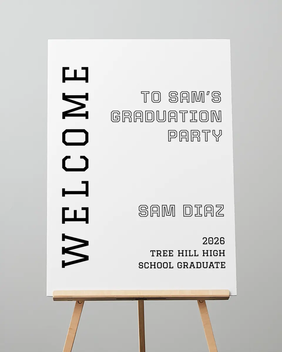 This is a 20" x 28" Welcome Grad Sign called Last Run printed in full color
