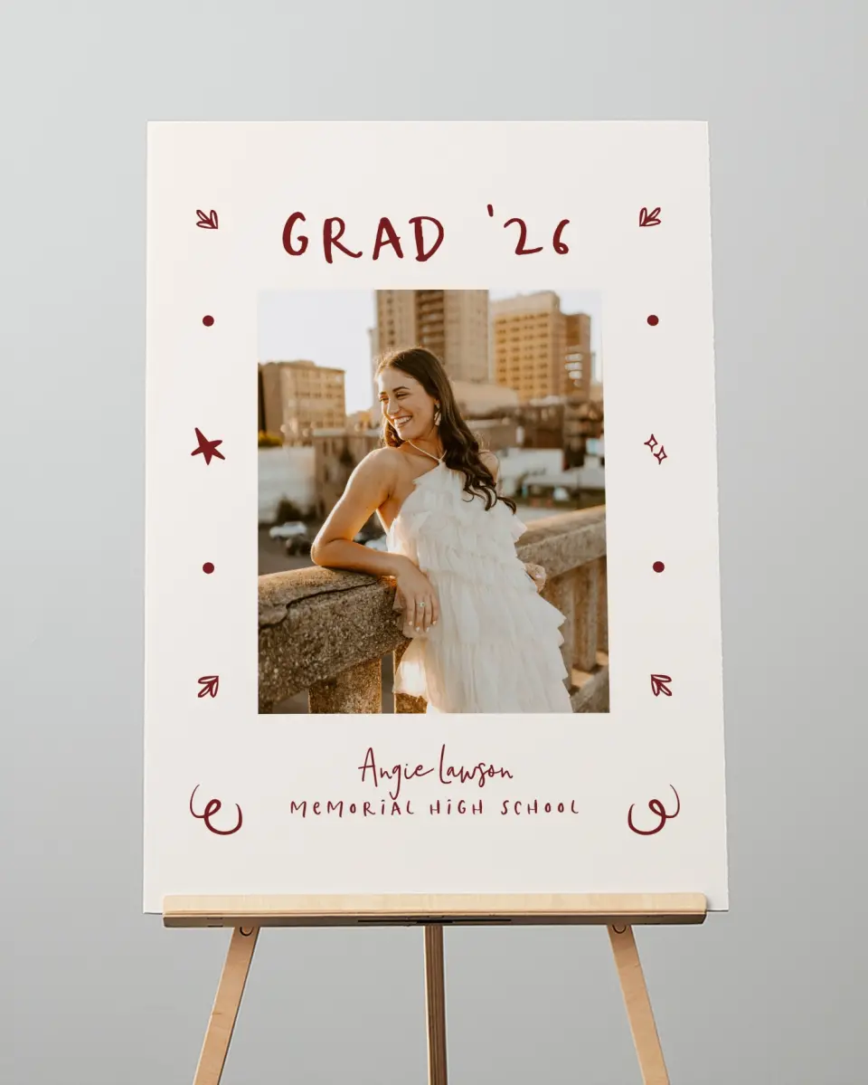 This is a 20" x 28" Welcome Grad Sign called Celebratory Confetti printed in full color with Gold foil
