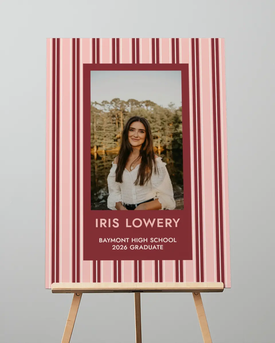 This is a 20" x 28" Welcome Grad Sign called Striped Admiration printed in full color with Gold foil