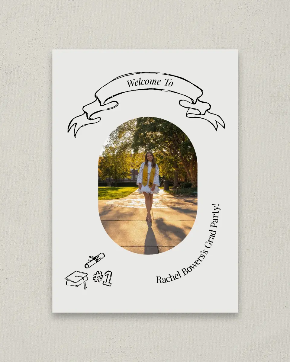 This is a 20" x 28" Welcome Grad Sign called Art of Achievement printed in full color
