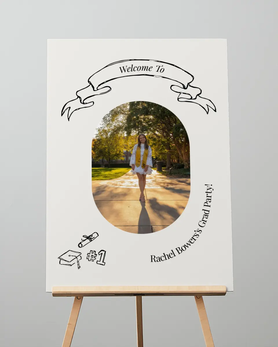 This is a 20" x 28" Welcome Grad Sign called Art of Achievement printed in full color