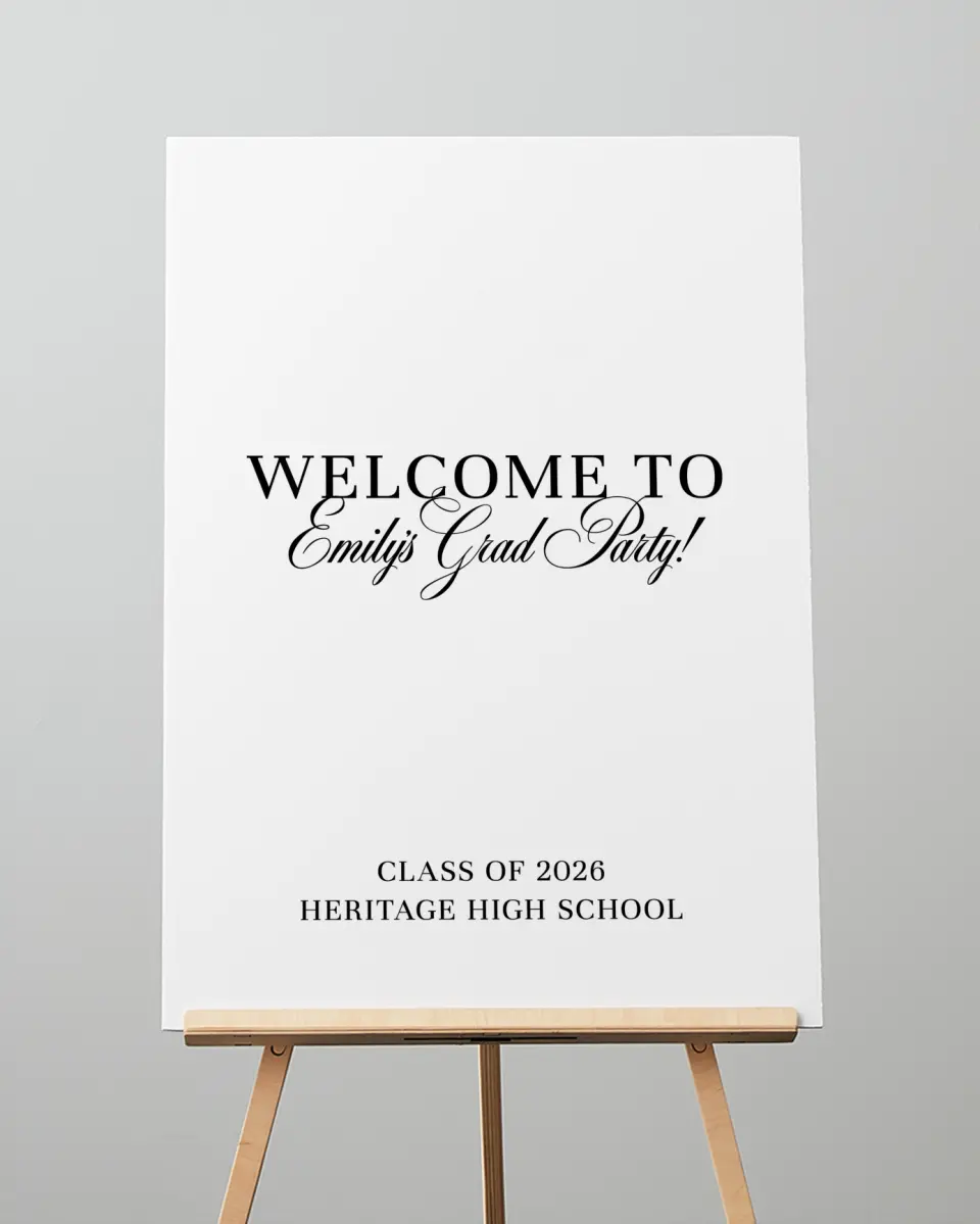 This is a 20" x 28" Welcome Grad Sign called Scholarly Elegance printed in full color