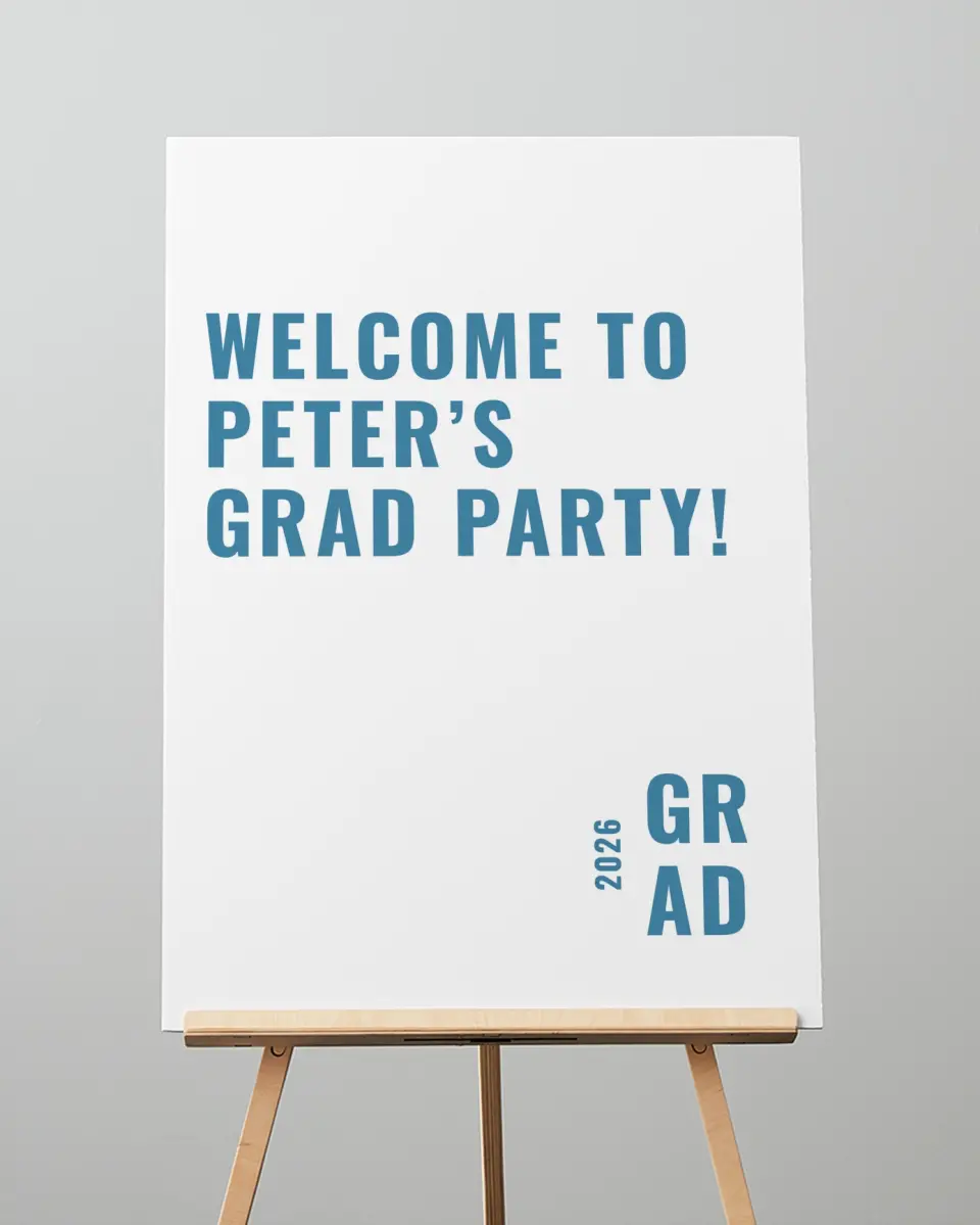 This is a 20" x 28" Welcome Grad Sign called Modern Milestone printed in full color