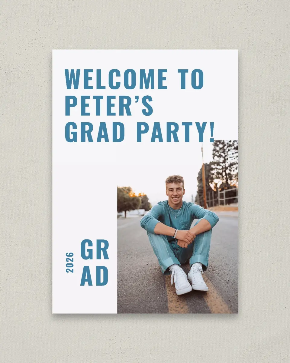 This is a 20" x 28" Welcome Grad Sign called Modern Milestone printed in full color