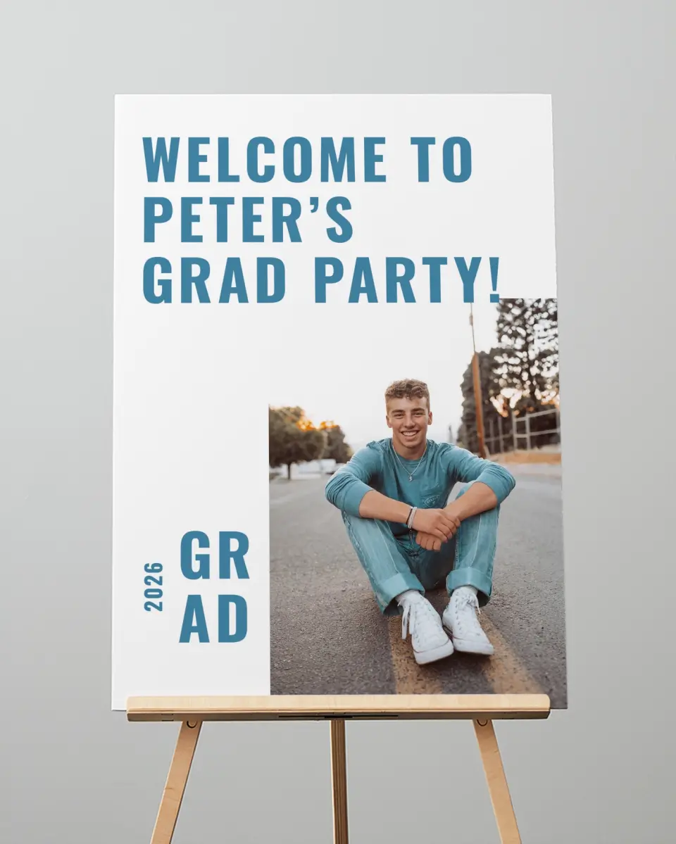 This is a 20" x 28" Welcome Grad Sign called Modern Milestone printed in full color