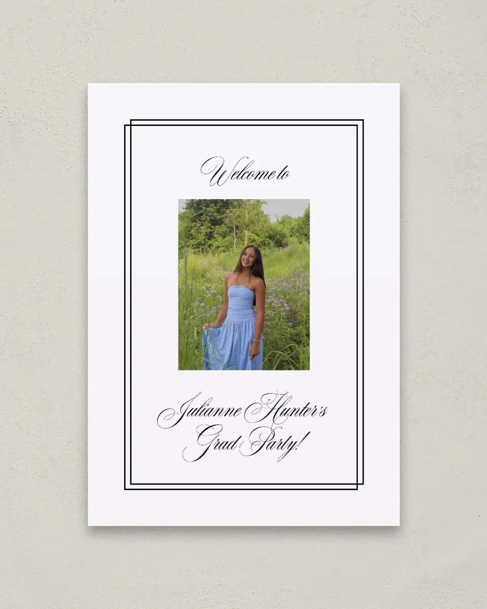 This is a 20" x 28" Welcome Grad Sign called Elegant Grad printed in full color