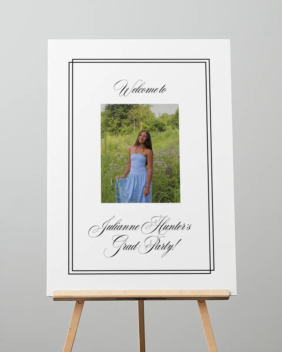This is a 20" x 28" Welcome Grad Sign called Elegant Grad printed in full color