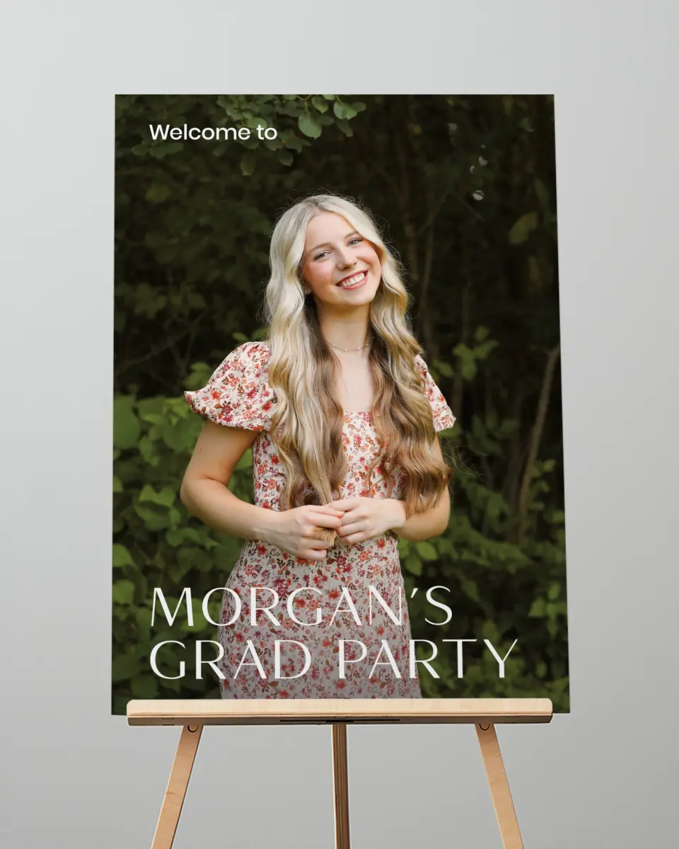 This is a 20" x 28" Welcome Grad Sign called Spotlight Grad printed in full color with Silver foil