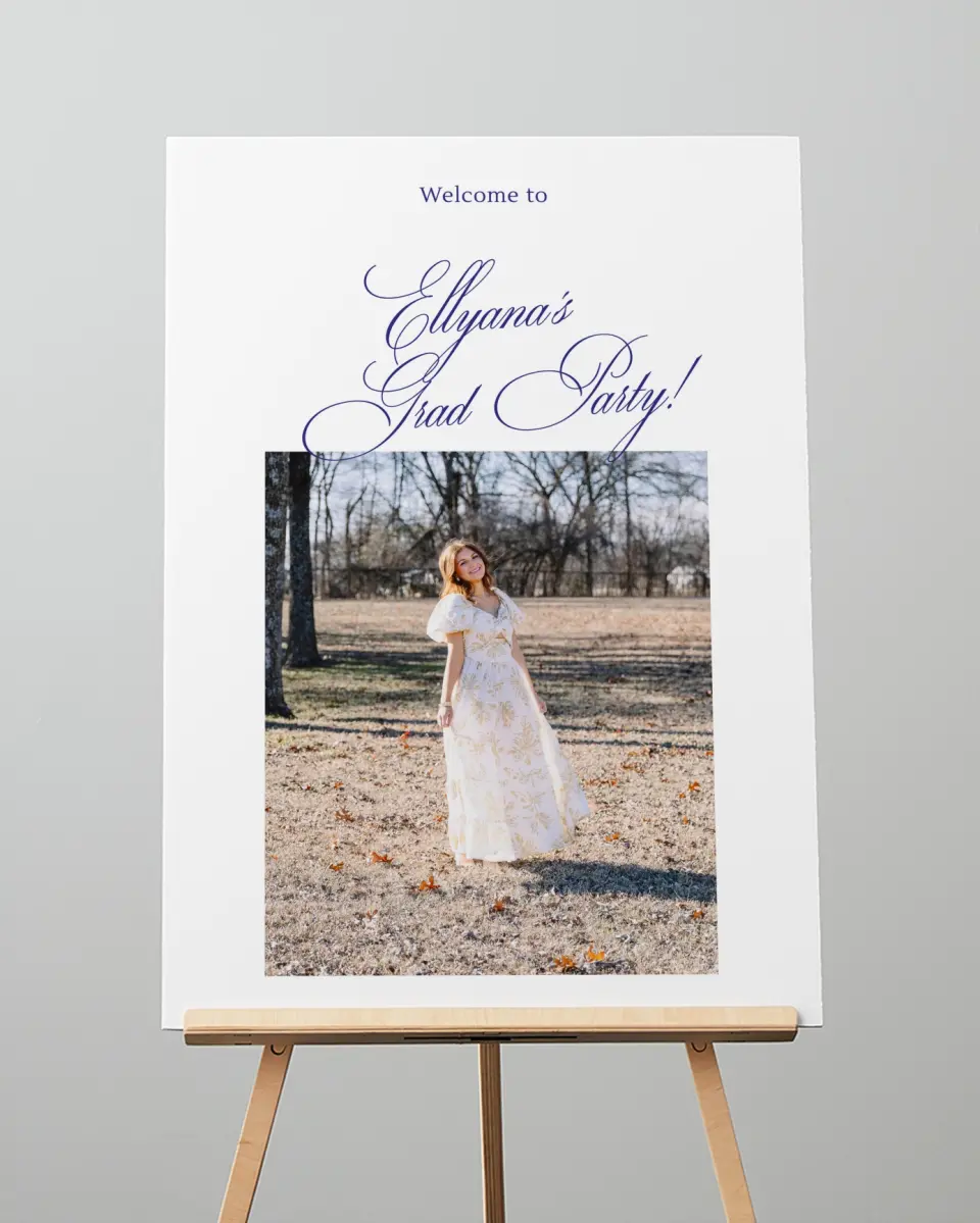 This is a 20" x 28" Welcome Grad Sign called Elegantly Graduated printed in full color