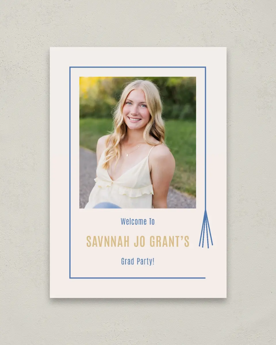 This is a 20" x 28" Welcome Grad Sign called Turning Tassels printed in full color with Gold foil