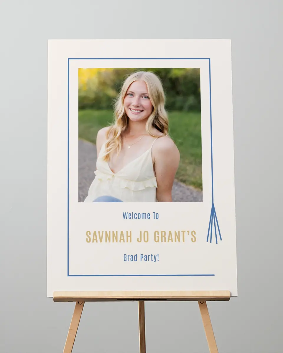 This is a 20" x 28" Welcome Grad Sign called Turning Tassels printed in full color with Gold foil