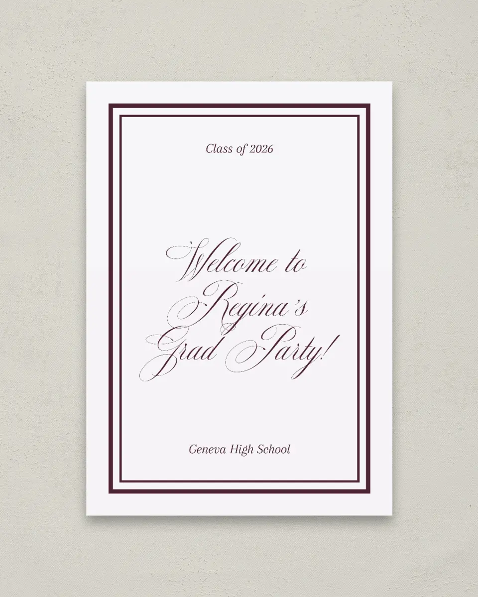 This is a 20" x 28" Welcome Grad Sign called Timeless Frame printed in full color