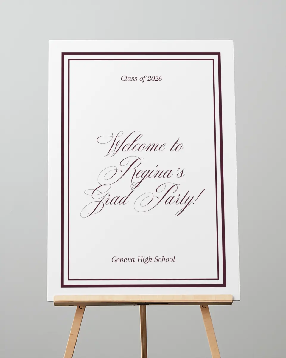 This is a 20" x 28" Welcome Grad Sign called Timeless Frame printed in full color