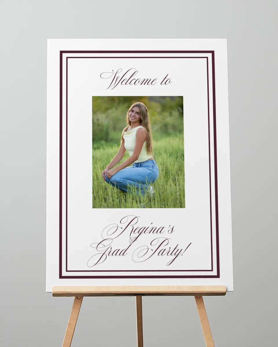 This is a 20" x 28" Welcome Grad Sign called Timeless Frame printed in full color