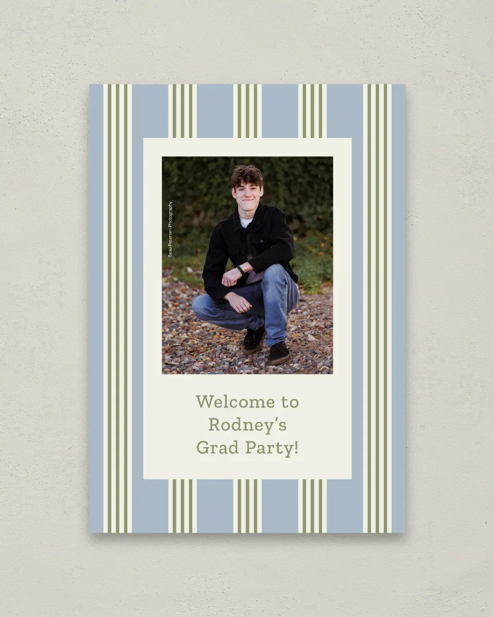 This is a 20" x 28" Welcome Grad Sign called Framed in Excellence printed in full color with Gold foil