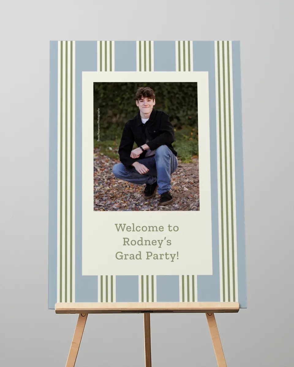 This is a 20" x 28" Welcome Grad Sign called Framed in Excellence printed in full color with Gold foil